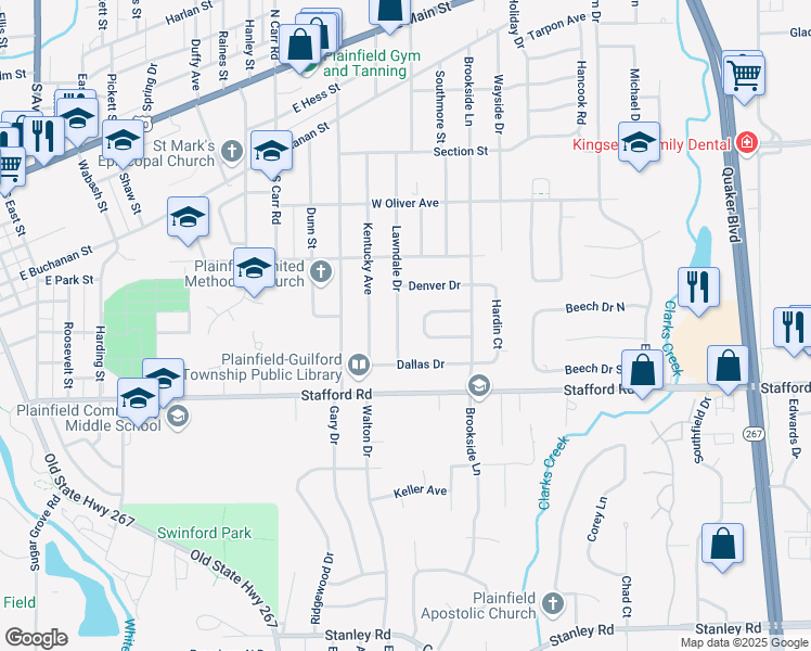 map of restaurants, bars, coffee shops, grocery stores, and more near 637 Lawndale Drive in Plainfield