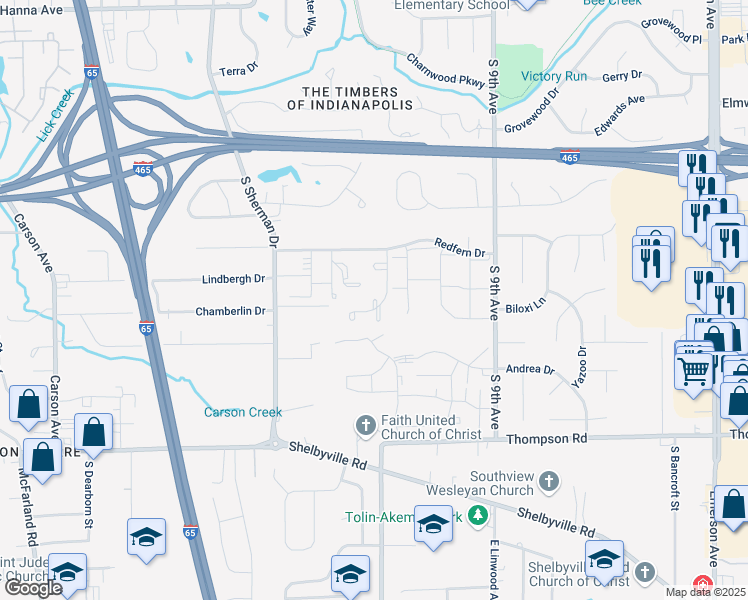 map of restaurants, bars, coffee shops, grocery stores, and more near Glastonbury Court in Indianapolis