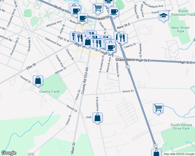 map of restaurants, bars, coffee shops, grocery stores, and more near 57 South Academy Street in Glassboro