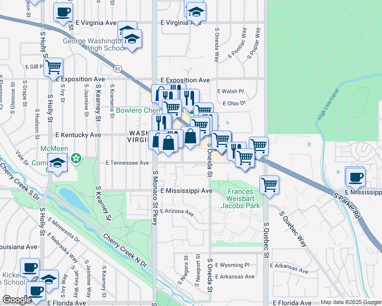 map of restaurants, bars, coffee shops, grocery stores, and more near 6795 East Tennessee Avenue in Denver