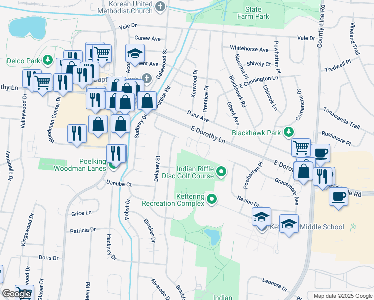 map of restaurants, bars, coffee shops, grocery stores, and more near 3121 West Millstone Drive in Kettering
