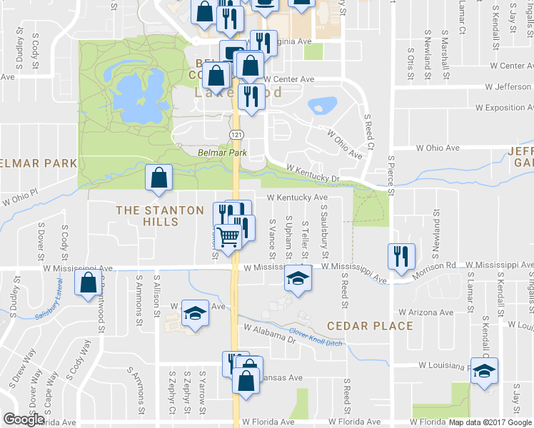 map of restaurants, bars, coffee shops, grocery stores, and more near 945 South Vance Street in Lakewood