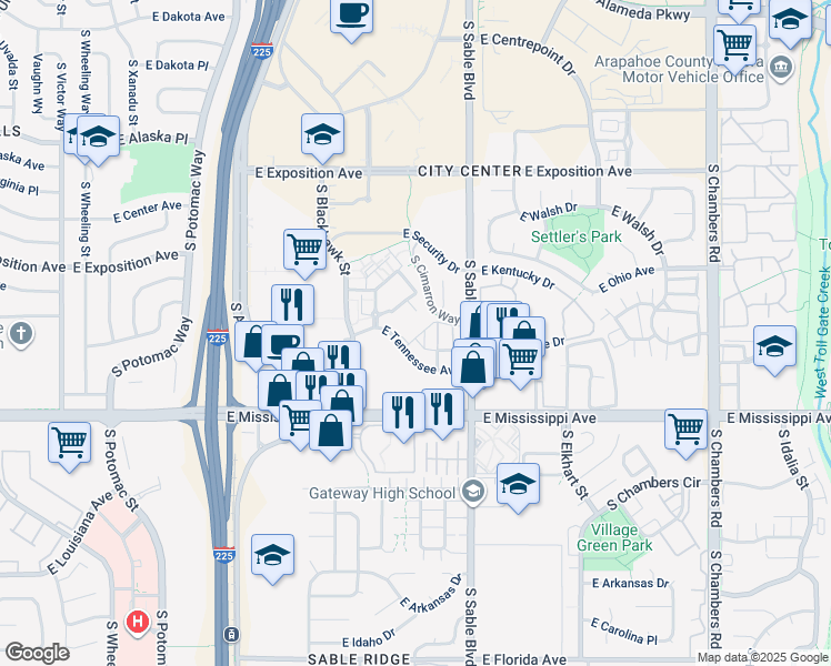 map of restaurants, bars, coffee shops, grocery stores, and more near 14301 East Tennessee Avenue in Aurora