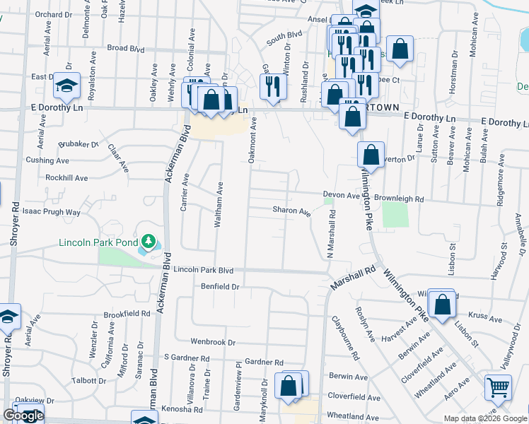 map of restaurants, bars, coffee shops, grocery stores, and more near 1146 Sharon Avenue in Dayton