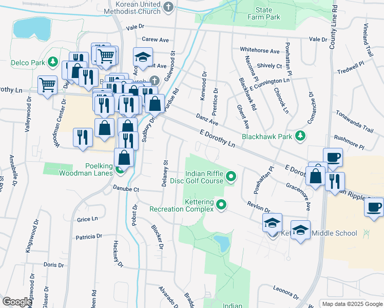 map of restaurants, bars, coffee shops, grocery stores, and more near 3121 West Millstone Drive in Kettering