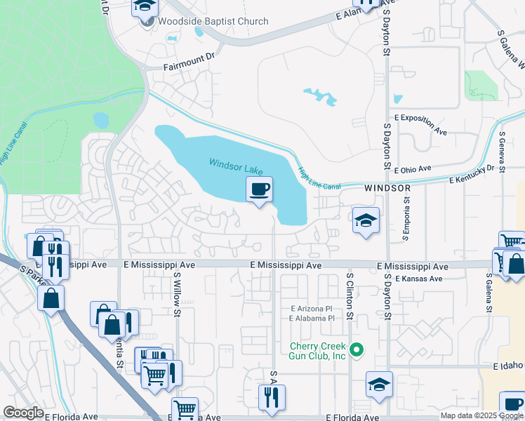 map of restaurants, bars, coffee shops, grocery stores, and more near 9099 East Mississippi Avenue in Denver
