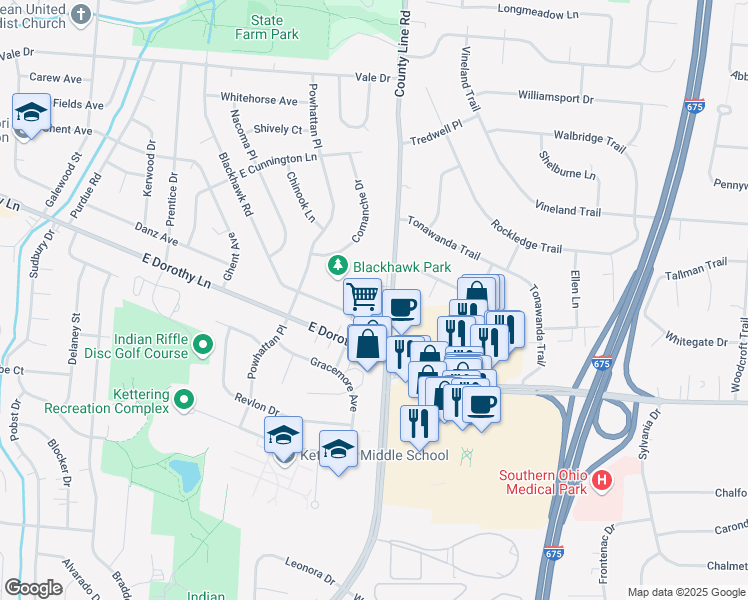 map of restaurants, bars, coffee shops, grocery stores, and more near 3024 Brickwall Drive in Dayton