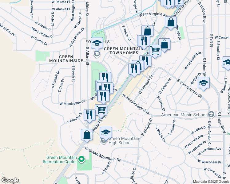 map of restaurants, bars, coffee shops, grocery stores, and more near in Lakewood