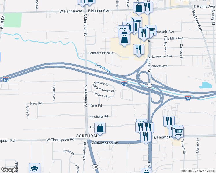 map of restaurants, bars, coffee shops, grocery stores, and more near 130 Village Green Drive in Indianapolis