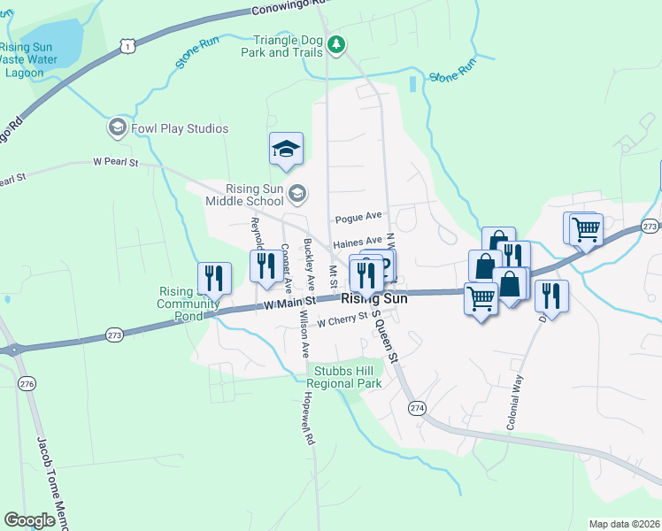 map of restaurants, bars, coffee shops, grocery stores, and more near 23 Mount Street in Rising Sun