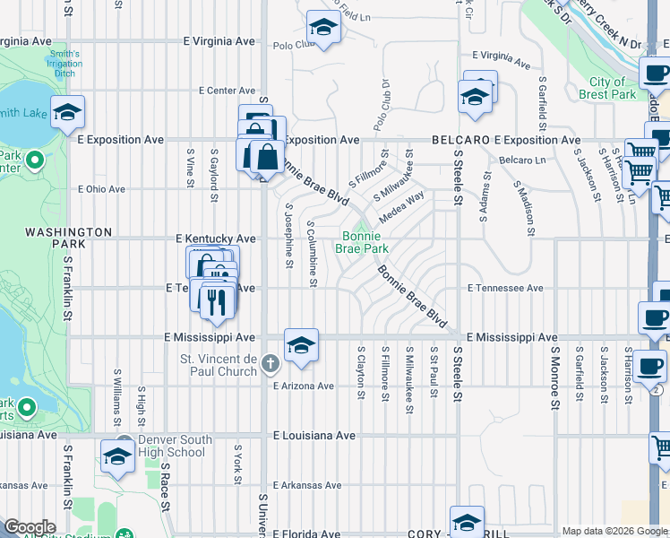 map of restaurants, bars, coffee shops, grocery stores, and more near 964 South Columbine Street in Denver