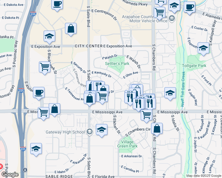 map of restaurants, bars, coffee shops, grocery stores, and more near 14802 East Kentucky Drive in Aurora