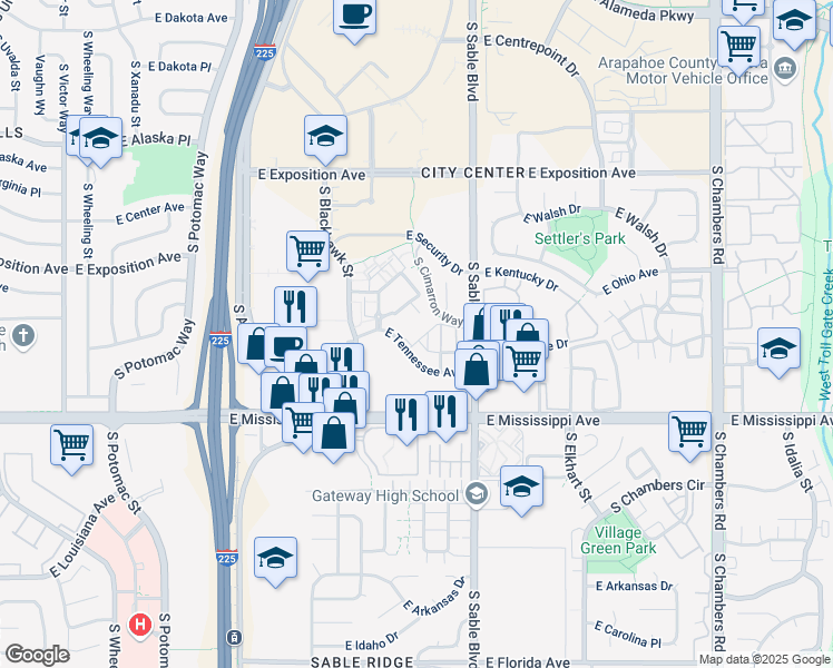 map of restaurants, bars, coffee shops, grocery stores, and more near 14331 East Tennessee Avenue in Aurora