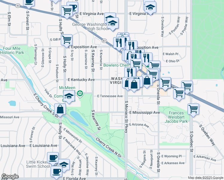 map of restaurants, bars, coffee shops, grocery stores, and more near 945 South Locust Street in Denver