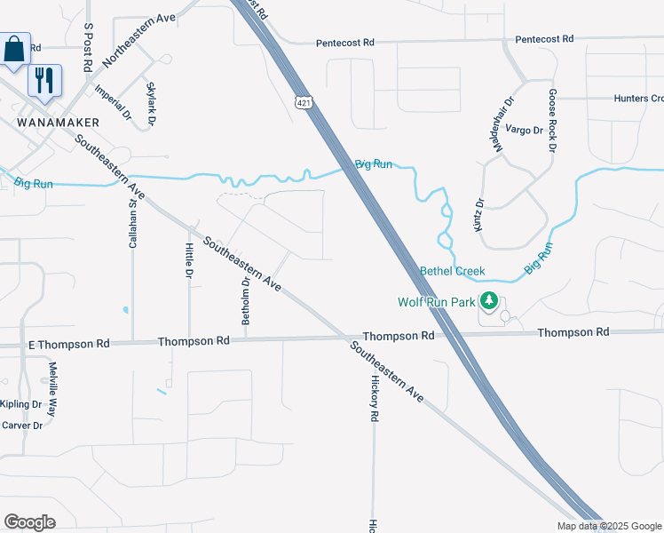 map of restaurants, bars, coffee shops, grocery stores, and more near 9700 East Thompson Road in Indianapolis