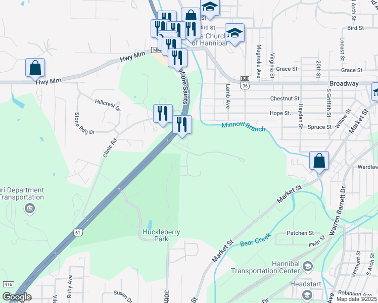 map of restaurants, bars, coffee shops, grocery stores, and more near 191 Huckleberry Heights Drive in Hannibal
