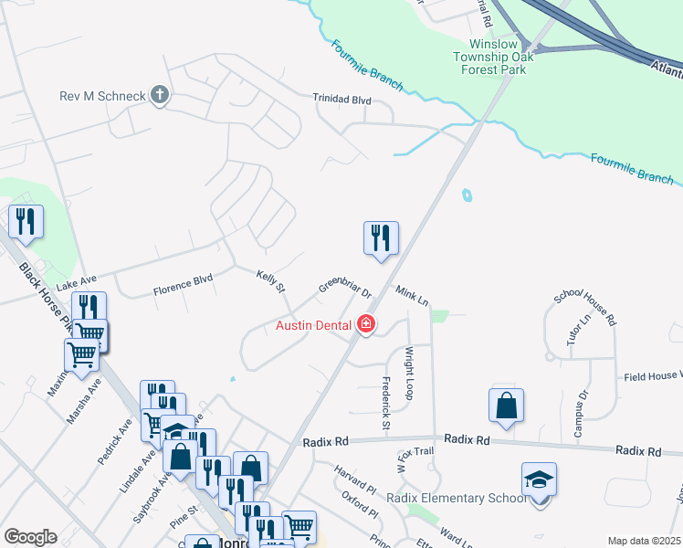 map of restaurants, bars, coffee shops, grocery stores, and more near 635 Greenbriar Drive in Monroe