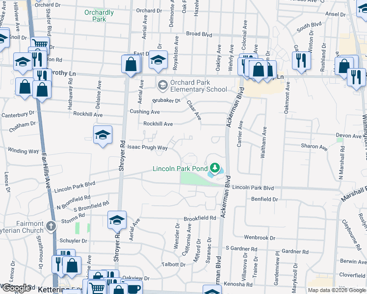 map of restaurants, bars, coffee shops, grocery stores, and more near 632 Renolda Woods Court in Dayton