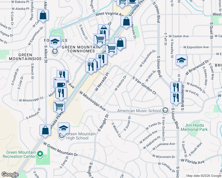 map of restaurants, bars, coffee shops, grocery stores, and more near 12371 West Dakota Drive in Lakewood