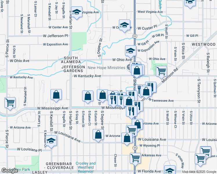 map of restaurants, bars, coffee shops, grocery stores, and more near 965 South Benton Street in Lakewood