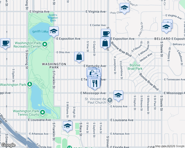 map of restaurants, bars, coffee shops, grocery stores, and more near 959 South Gaylord Street in Denver