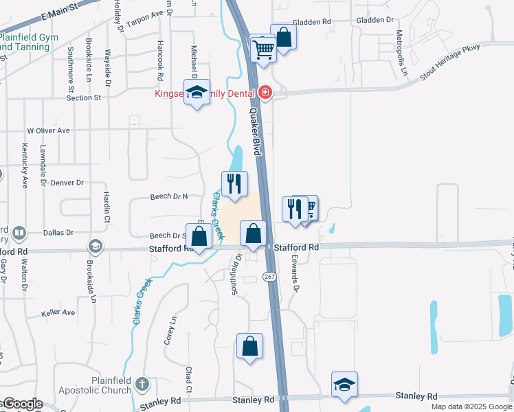 map of restaurants, bars, coffee shops, grocery stores, and more near 640 Lakeside Drive in Plainfield