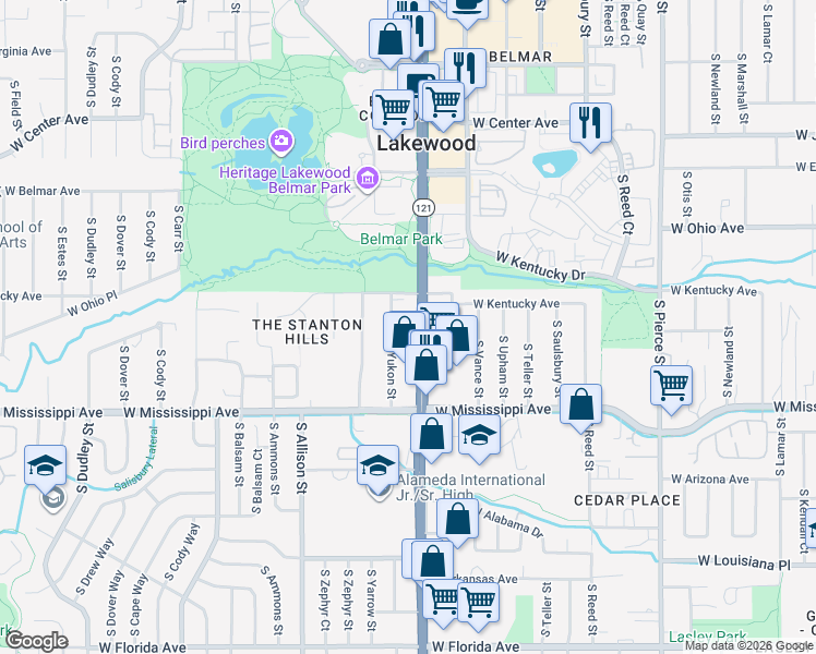 map of restaurants, bars, coffee shops, grocery stores, and more near 960 South Yukon Street in Lakewood