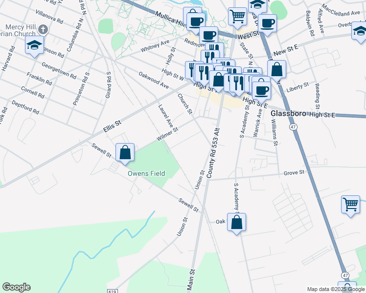 map of restaurants, bars, coffee shops, grocery stores, and more near 30 Zane Street in Glassboro