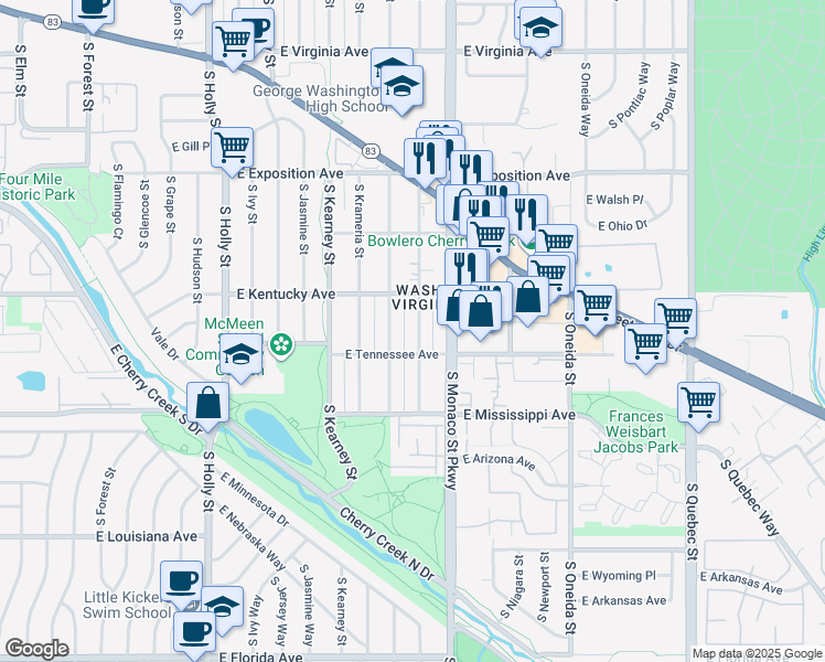 map of restaurants, bars, coffee shops, grocery stores, and more near 945 South Locust Street in Denver