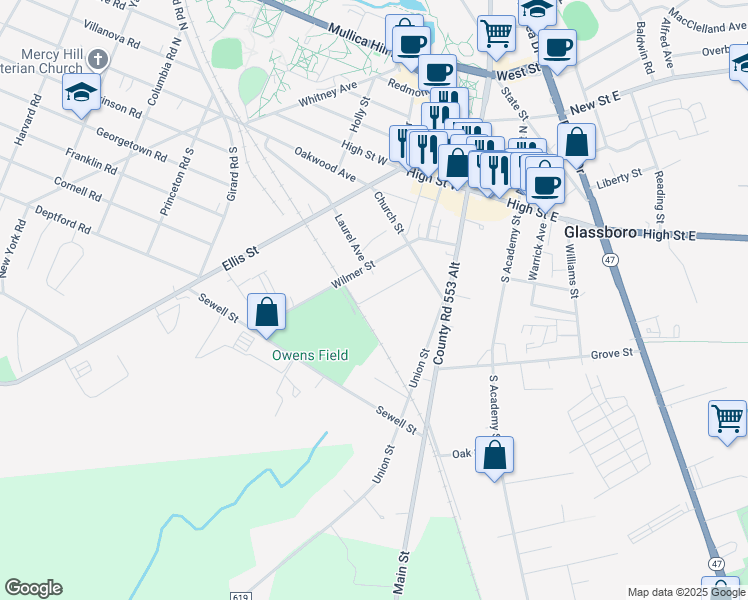 map of restaurants, bars, coffee shops, grocery stores, and more near 34 Zane Street in Glassboro