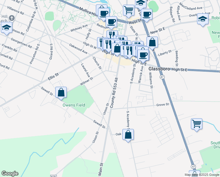 map of restaurants, bars, coffee shops, grocery stores, and more near 13 Church Street in Glassboro