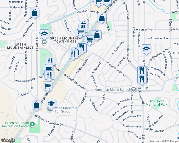 map of restaurants, bars, coffee shops, grocery stores, and more near 12368 West Nevada Place in Lakewood