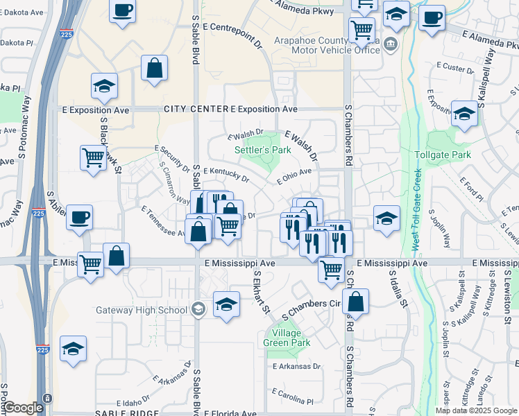 map of restaurants, bars, coffee shops, grocery stores, and more near 14802 East Kentucky Drive in Aurora