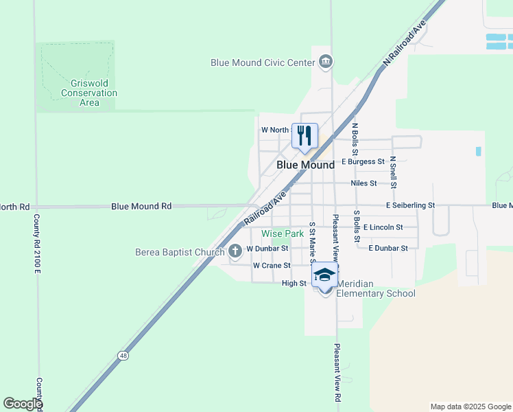 map of restaurants, bars, coffee shops, grocery stores, and more near County Highway 37 in Blue Mound