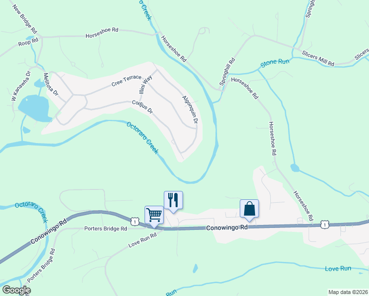 map of restaurants, bars, coffee shops, grocery stores, and more near 13 Algonquin Drive in Rising Sun