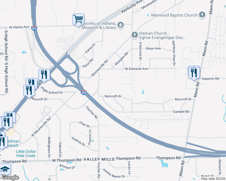 map of restaurants, bars, coffee shops, grocery stores, and more near 5356 Norcroft Drive in Indianapolis