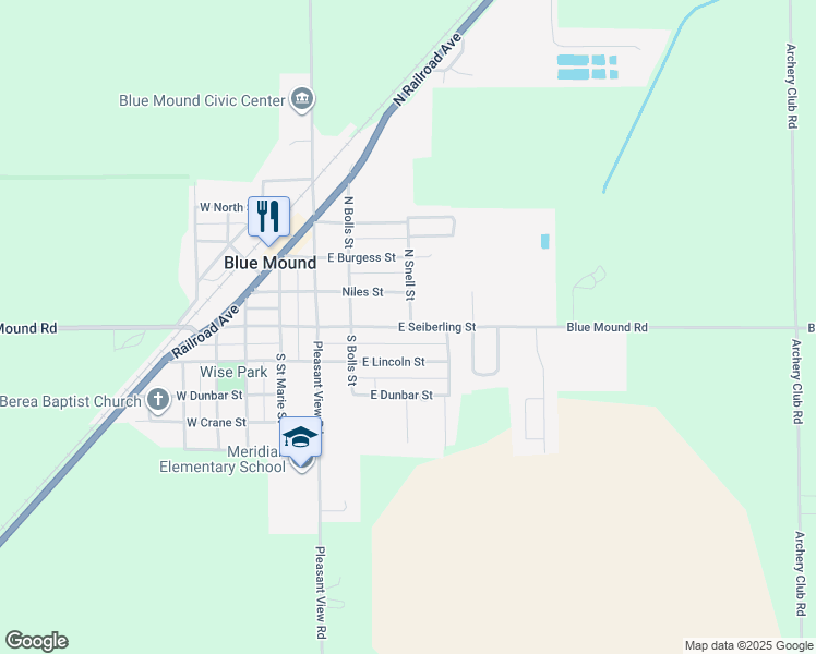 map of restaurants, bars, coffee shops, grocery stores, and more near 298 E Seiberling St in Blue Mound