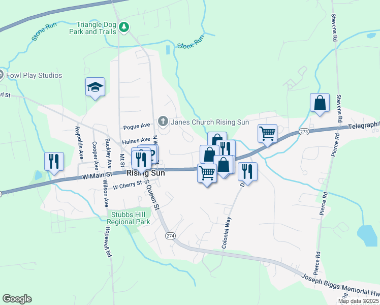 map of restaurants, bars, coffee shops, grocery stores, and more near 35 Louise Court in Rising Sun