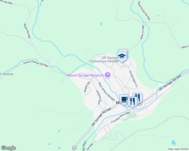 map of restaurants, bars, coffee shops, grocery stores, and more near 16019 Calla Hill Road Northwest in Mount Savage