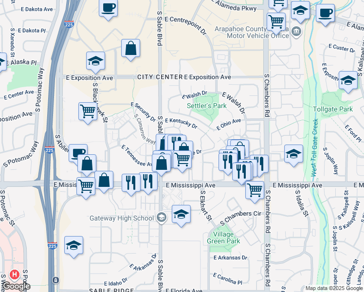 map of restaurants, bars, coffee shops, grocery stores, and more near 14701 East Tennessee Drive in Aurora