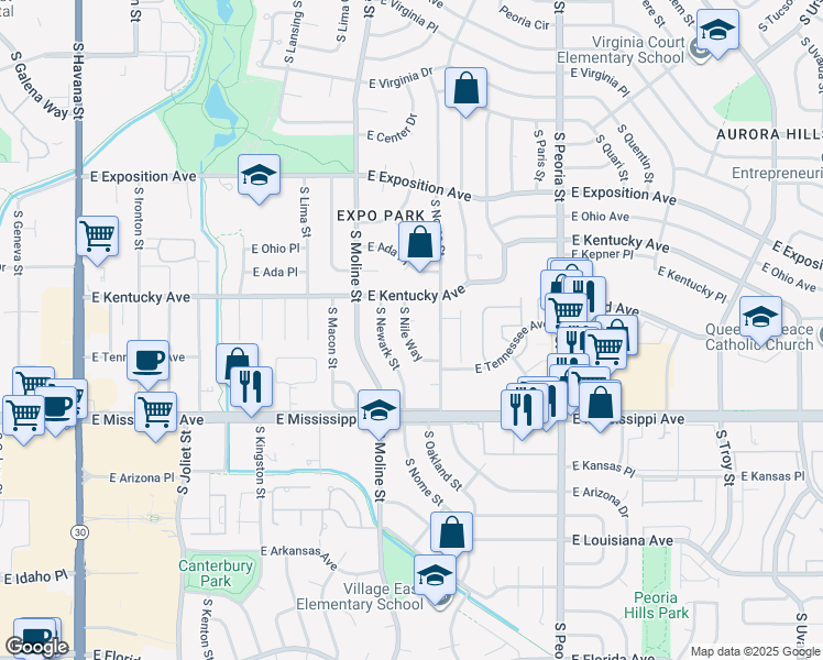 map of restaurants, bars, coffee shops, grocery stores, and more near 960 South Nile Way in Aurora
