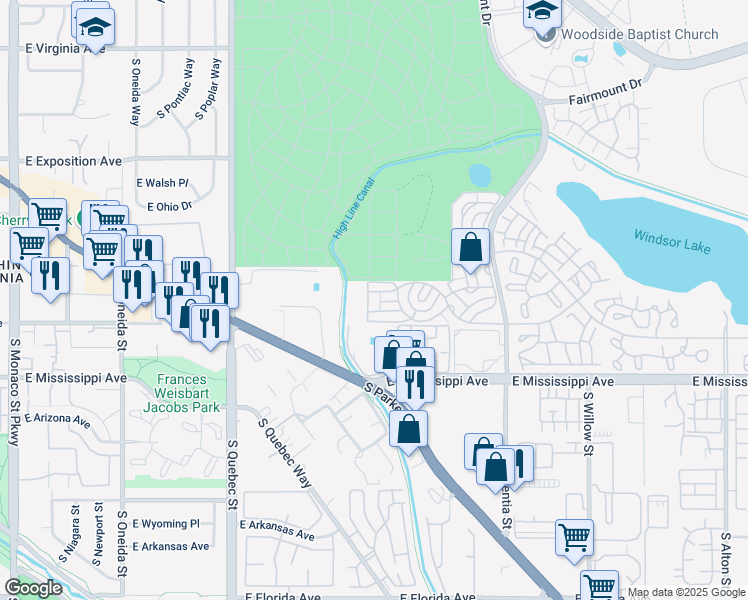 map of restaurants, bars, coffee shops, grocery stores, and more near Harbour Drive in Denver