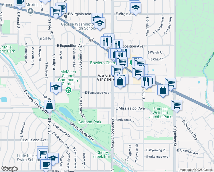 map of restaurants, bars, coffee shops, grocery stores, and more near 999 South Monaco Parkway in Denver