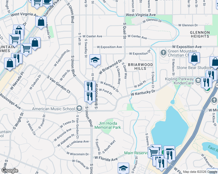 map of restaurants, bars, coffee shops, grocery stores, and more near 11436 West Kentucky Drive in Lakewood
