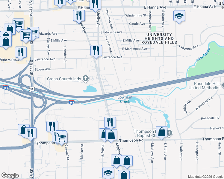 map of restaurants, bars, coffee shops, grocery stores, and more near 4403 Madison Avenue in Indianapolis