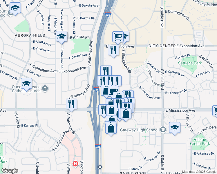 map of restaurants, bars, coffee shops, grocery stores, and more near 1011 S Abilene St in Aurora