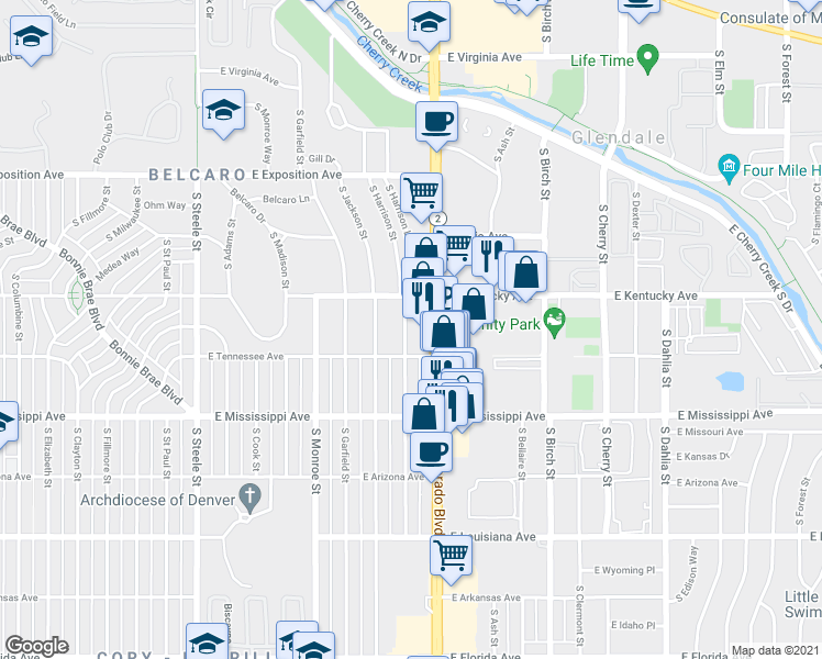 map of restaurants, bars, coffee shops, grocery stores, and more near 950 South Harrison Street in Denver