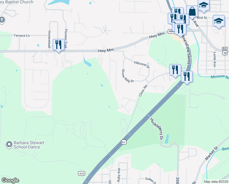 map of restaurants, bars, coffee shops, grocery stores, and more near 123 Paulina Drive in Hannibal