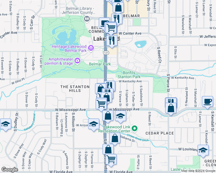 map of restaurants, bars, coffee shops, grocery stores, and more near 910 South Wadsworth Boulevard in Lakewood