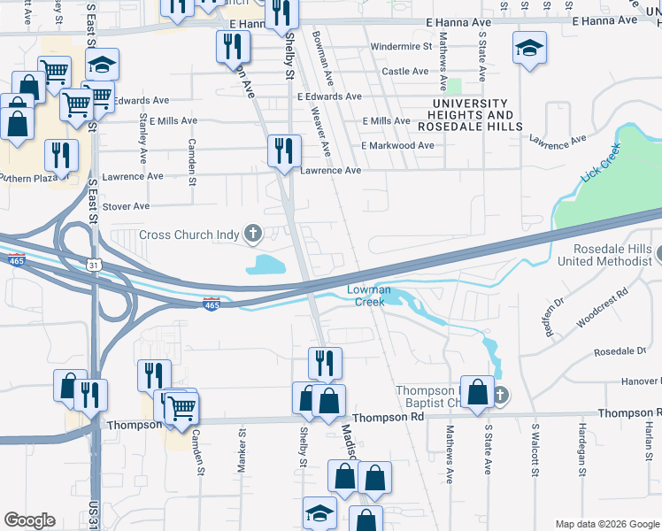 map of restaurants, bars, coffee shops, grocery stores, and more near 4403 Madison Avenue in Indianapolis